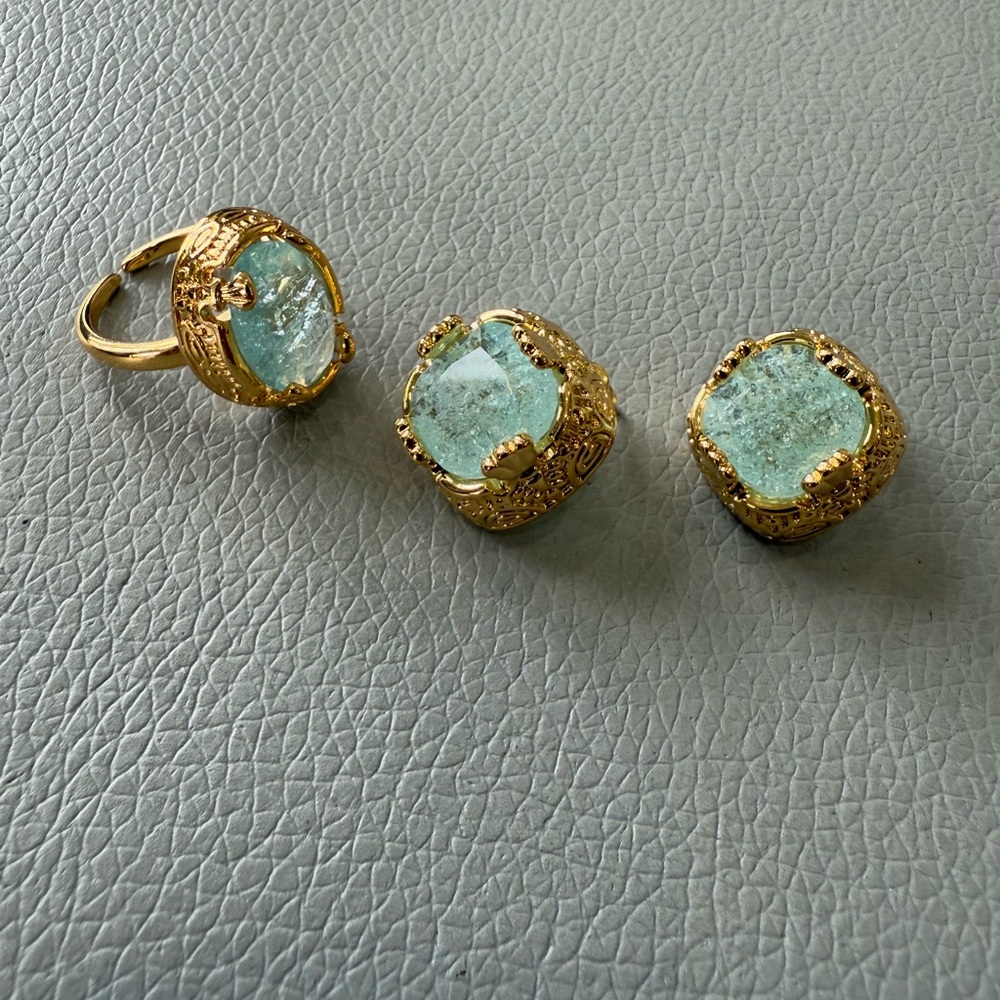 Ring & Earrings Set Blue Crystal Stone Gold Tone - Picture 3 of 13